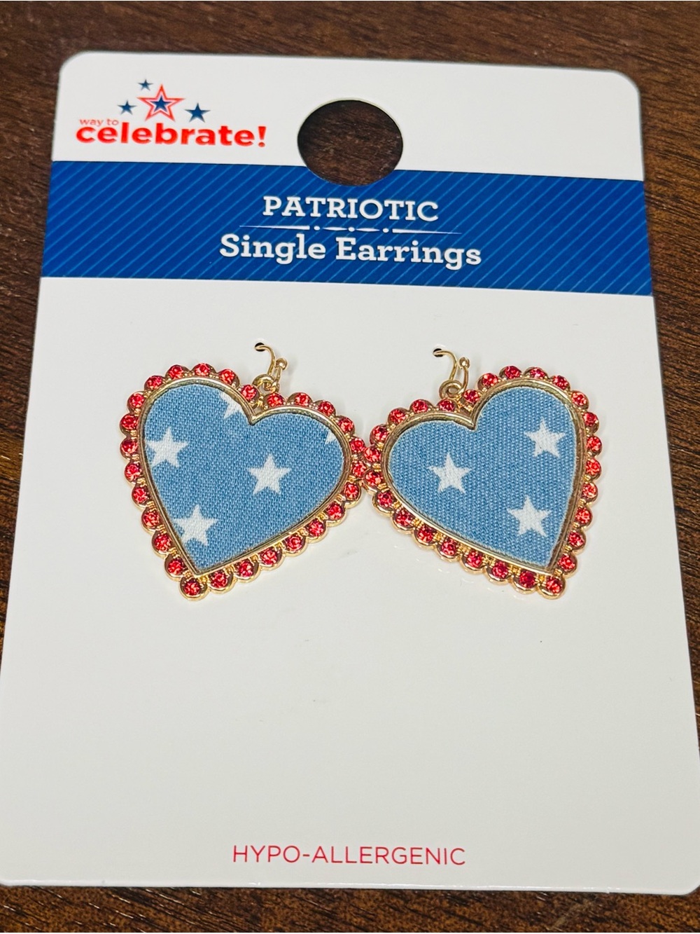 Patriotic Heart Earrings - Blue Stars with Red Rhinestones